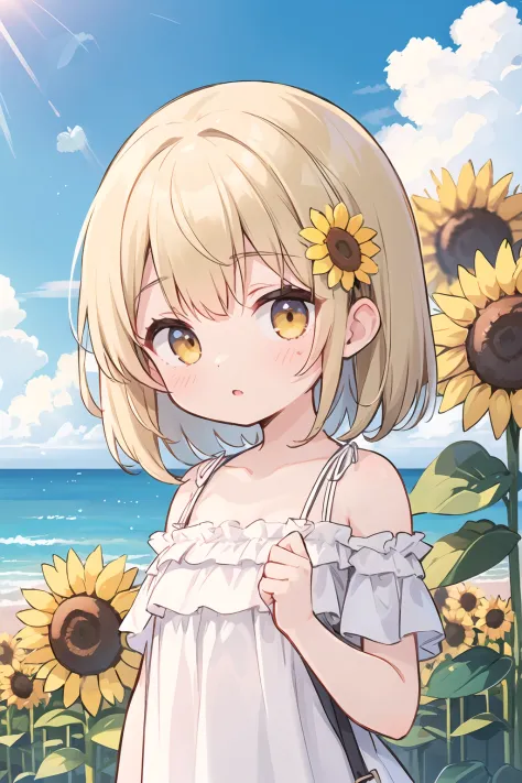 masterpiece, best quality, cute, kawaii, 1girl, blonde hair, yellow eyes, (sunflower on hair), upper body, dress, beach, sunny