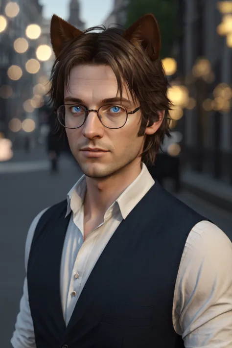 a close up of a person wearing glasses and a vest