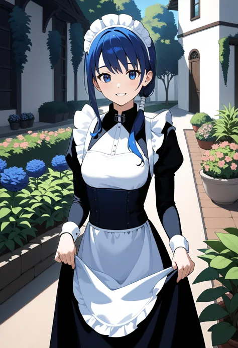 score_9, score_8_up, score_7_up, score_6_up, score_5_up, score_4_up, source_anime, aamerry, long hair, low ponytail, blue hair, blue eyes, <lora:merry_(grimgar)_ponyxl_v1:0.9>, maid, maid headdress, apron, black dress, skirt hold, smile, garden, standing,