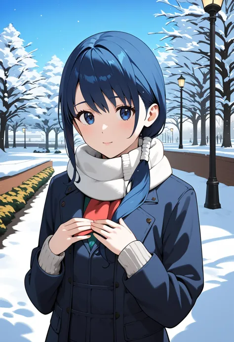 anime girl in winter clothes standing in a snowy park