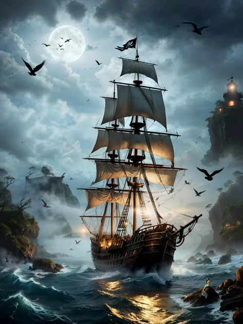 a ship sailing in the ocean with birds flying around it