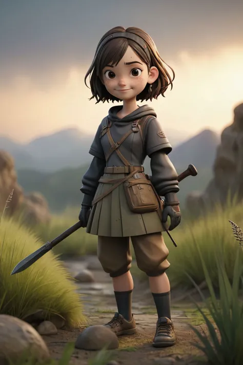 3d character, game character, 3d render, trending on artstation, 20 years old, fantasy concept, pretty face, gentle expression, smiling, small monster,skinny,scar,slime on medieval clothes,night, subsurface scattering, rim light, dark gradient background, detailled socle, grass and pebbles, rocky ground,  holding weapon , full body, 16mm,  full body,  <lora:Grungy_Picture_SDXL_V1:1> <lora:filmicVibesXL_v1.1:1> <lora:bynightPortraits-XL:0.25>