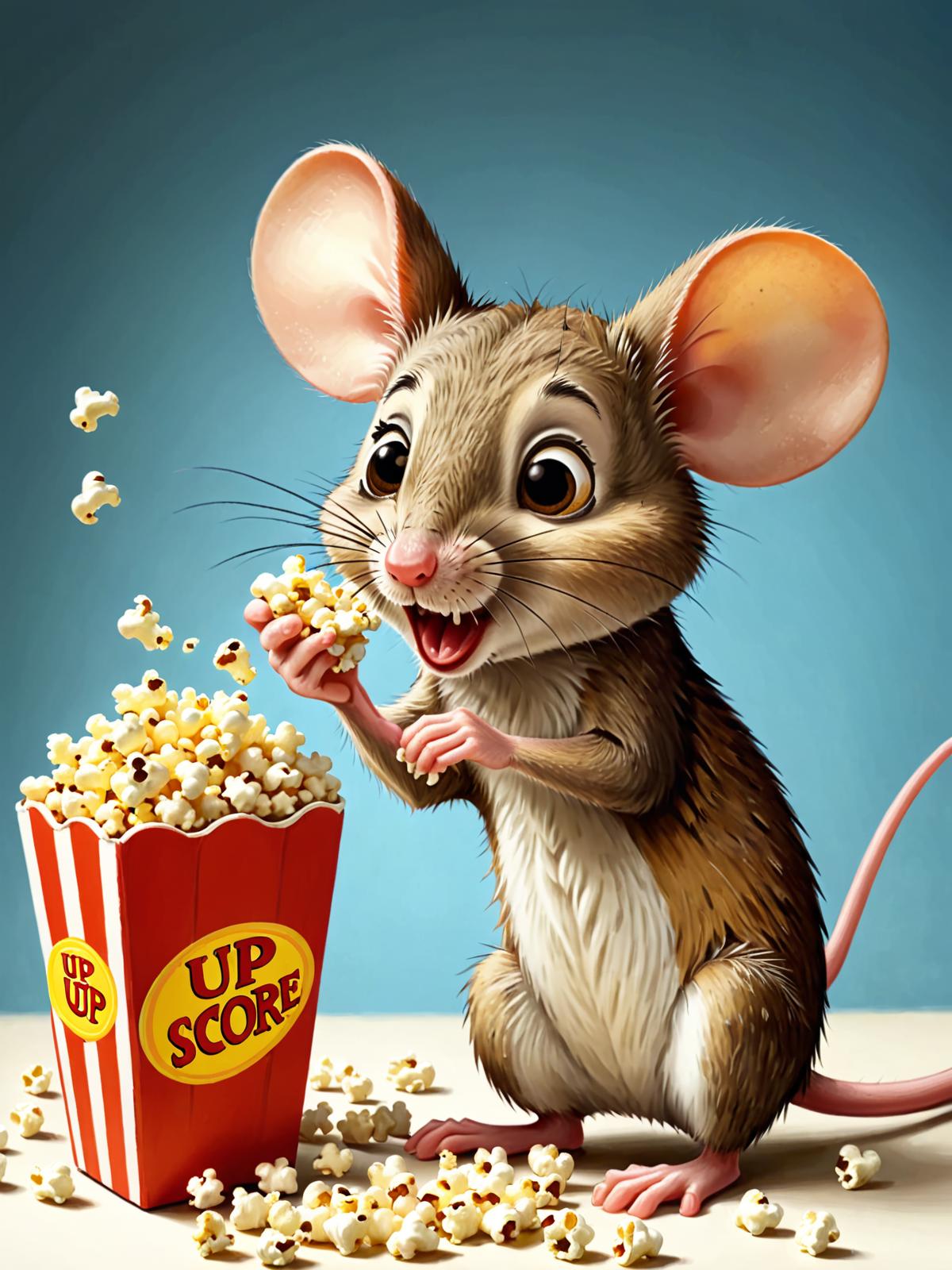 A close up of a mouse eating popcorn and a bucket of popcorn - SeaArt AI