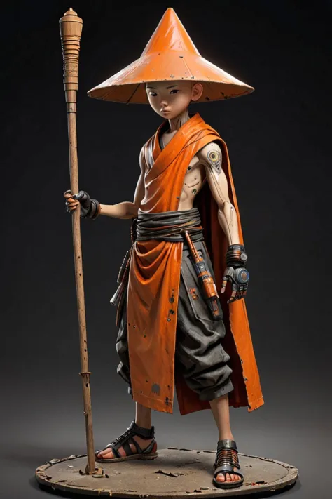 elaborate standing 3d character of a (skinny:0.5) 1boy monk,( full body:1.5), bald, (android:0.4), futuristic, hard surfaces, mecha, robot, cybernetic, intricate technology, asian, silicon cuts shells on face, facial parts,3d character, game (cartoon:0.5) character,  3d render, trending on artstation, concept, small, wide angle, 50mm, skinny,scars, blood on clothes, thin, hero pose, deciduous, (freckles:0.741), dirty clothes, Asian conical hat, thorns,goosebumps, gentle face, subtle smiling, cool person, (holding wooden stick:1.3) , full body <lora:Grungy_Picture_SDXL_V1:0.2><lora:bynightPortraits-XL:0.1>, highly detail war armor, orange long cloak, religious warrior, by Laurey Greasley and Takeshi Obata, desire to achieve enlightenment, nirvana, yellow, orange, (cyberpunk:1.2), detailed, realistic, 8k uhd, high quality , metallic roughness, imperfections, decayed metal, wheathered metal, <lora:scifi-vehicles:0.35>, photoshoot, black cyclo, award photography of European and American (hyper realistic:1.3) 3d game characters, 1person, 3D Character, AAA, standing, (full body:1.5), hero pose, casual proportions, intricate character design, hand-drawn drafts,  hand-drawn appearance, sense of nostalgia, memorable look, consistent, coherent,  captivating,  (clear eyes:1.2), (highly detailled eyes:1.2), highly detailled hands, detailled floor, textured socle, dusty ground, intricate shoes, subsurface scattering, occlusion ambiant, ray tracing, hdr, arnold render, 4k, absurdres, hires, xgen, realistic hair, trending on artstation, master piece, intricate, simple darkgrey background, (black background:1.3), (rim lighting:0.3), realistic matte skin, skin texture visible, (sharp focus), (high quality),  <lora:xl_more_art-full_v1:0.4>,  <lora:br_max-000014:0.4>, shallow depth of field, vignette, highly detailed, high budget, bokeh, cinemascope, moody, epic, gorgeous, film grain, grainy, detailed skin texture, highly detailled fabrics, precise linen, precise bump textures, absurd res textures, high glossy, perfect reflection, intricate surfaces, subsurface scattering, ambiant occlusion, subtle scratchs, imperfections, soft shadow, insane detail, detailled stitches and sews, intricate leather