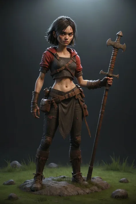 3d character, game character, 3d render, trending on artstation, fantasy concept, pretty face, small monster,skinny,scar,blood on medieval clothes,night, subsurface scattering, rim light, dark gradient background, detailled socle, grass and pebbles, rocky ground,  holding weapon , full body, 16mm, <lora:RPGGoblinXL:0.15> <lora:Grungy_Picture_SDXL_V1:1> <lora:filmicVibesXL_v1.1:1> <lora:bynightPortraits-XL:0.25>