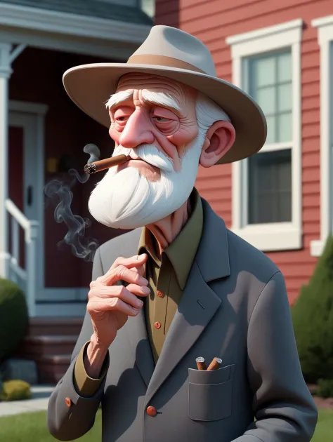 3d character design, Alec Soth style - 3d render, Artwork by Alec Soth of an old man smoking a cigar outside in the front yard, subsurface scattering, redshift render, cartoon, ghibli