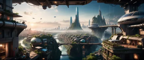 cinematic view of eschatological landscape of a futuristic sci fi city, harmonious, bridges, waterfalls, sci fi, (ultra realistic:1.2), (cables, antennas, parabolic receptors on rooftops, conditionning air systems:1.3), sinuous river, side, vegetation, hol...