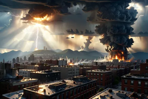 (new york cityscape, 2012 apocalypse, rooftop, disaster, buildings on fire, explosion, bomb, missile strike, supersonic spaceships, lightning clouds, sunshine, distant mountains, streets:1.2), hyperrealism, 4K, (best quality:1.4), (ultra highres:1.2), photography, masterpiece, (photorealistic, raw photo:1.2)