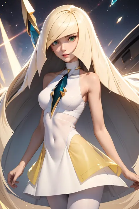 (masterpiece, best quality), 1girl,  <lora:lusamine-pokemon-richy-v1:1> lusaminedef, mature female, very long hair, gem, sleeveless dress, short dress, white leggings