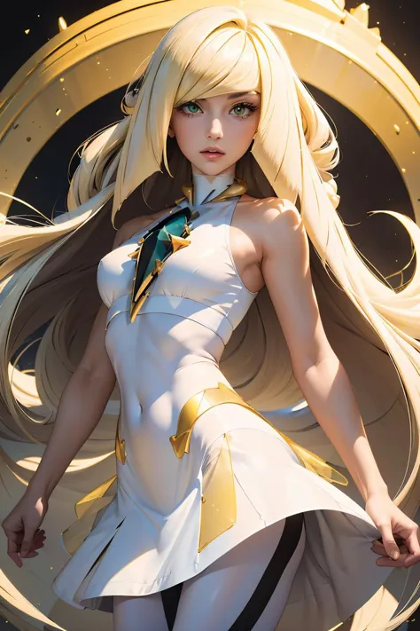 a woman in a white dress with long blonde hair and a sword