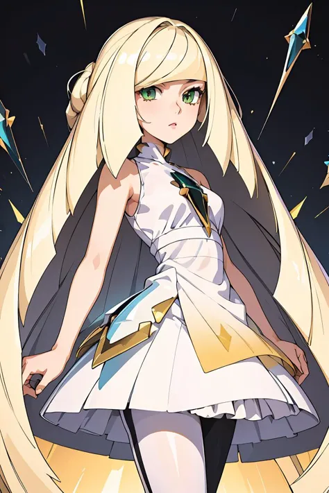 (masterpiece, best quality), 1girl,  <lora:lusamine-pokemon-richy-v1:1> lusaminedef, mature female, very long hair, gem, sleeveless dress, short dress, white leggings