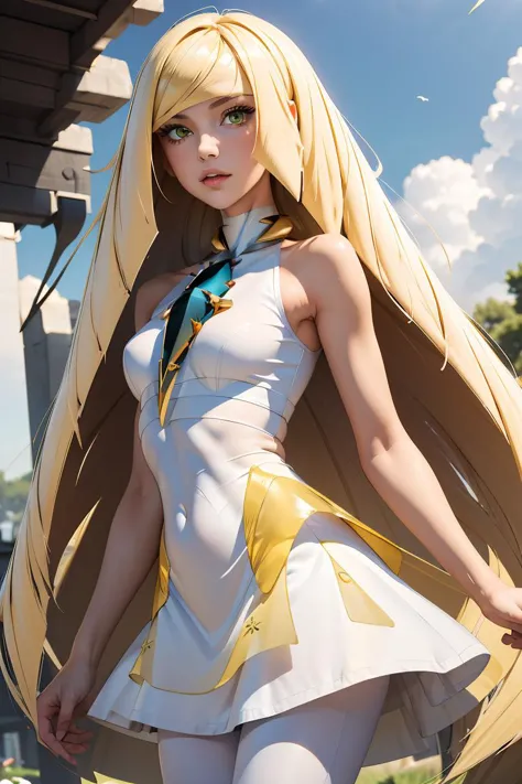 (masterpiece, best quality), 1girl,  <lora:lusamine-pokemon-richy-v1:1> lusaminedef, mature female, very long hair, gem, sleeveless dress, short dress, white leggings