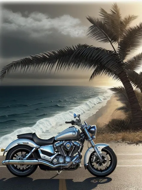 A biker cruises along the coastline highway,ocean waves,palm trees sway in the gentle breeze,casting long shadows on the road,style of xyzbiker03,epic realistic,(hdr:1.4),(artstation:1.2),intricate details,(technicolor:0.9),detailed,[[rutkowski]],intricate...