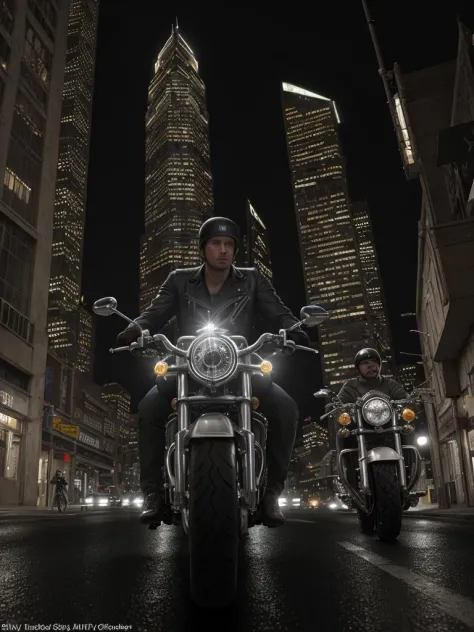 A biker speeding on a dimly lit streets of the city at night. The neon lights reflect off the shiny chrome of his bike,The city skyscrapers loom in the background,their illuminated windows creating a mesmerizing contrast against the dark night sky,style of...