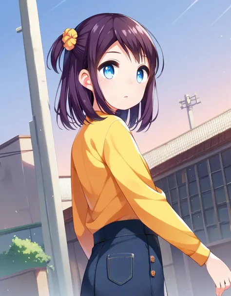 anime girl with ponytail hair and yellow shirt walking down the street