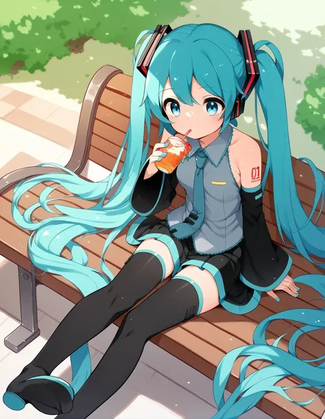 anime girl with blue hair sitting on a bench eating a donut