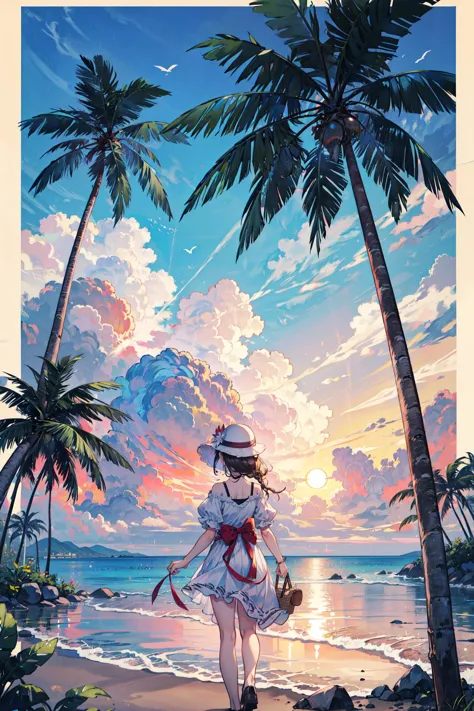 ((best quality, masterpiece, absurdres, super-resolution)) Tropical Paradise, Sun-Kissed Hues, Palm Trees Swaying, Sandy Beach