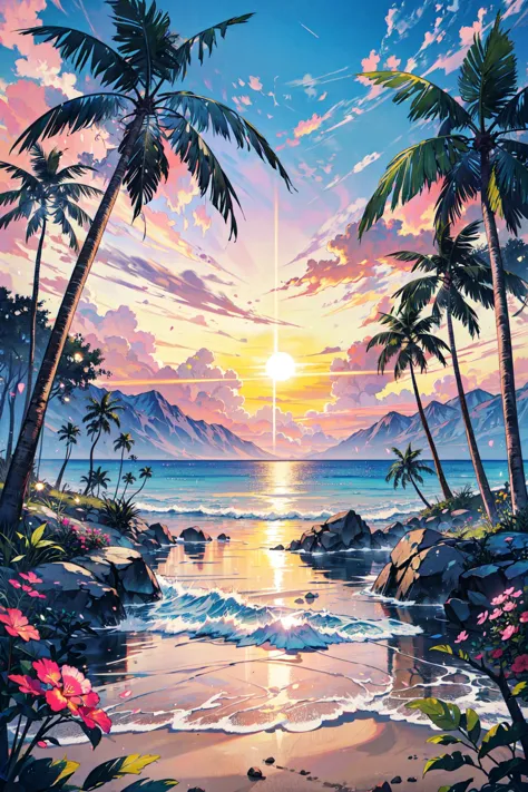 a painting of a tropical sunset with palm trees and a beach