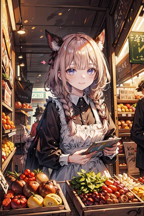 anime girl in a market with fruits and vegetables