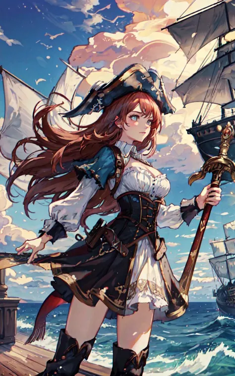 a woman in a pirate costume standing on a boat with a sword