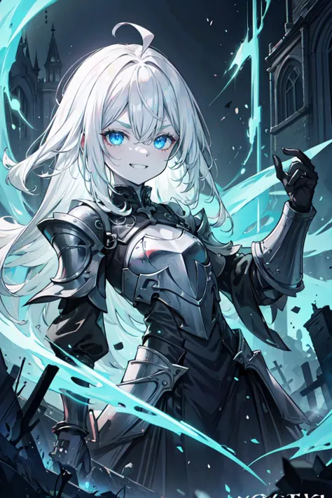 a woman with white hair and blue eyes holding a sword