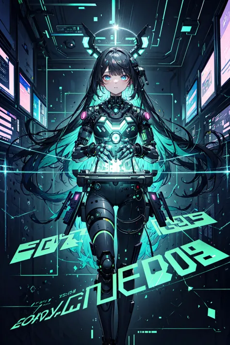 a girl in a futuristic outfit with a sword and a futuristic background