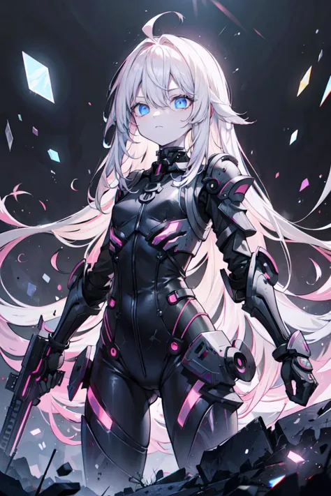 ((best quality, masterpiece, absurbres, super-resolution)), 1girl, solo, white hair, ahoge, blue eyes, (absurdly long hair:1.2), pale skin, flat chest, hair between eyes, dark energy, powerful, magic, evil, villain, dark, glow, armored, bodysuit, expressionless, futuristic, movie poster, exoskeleton, 
