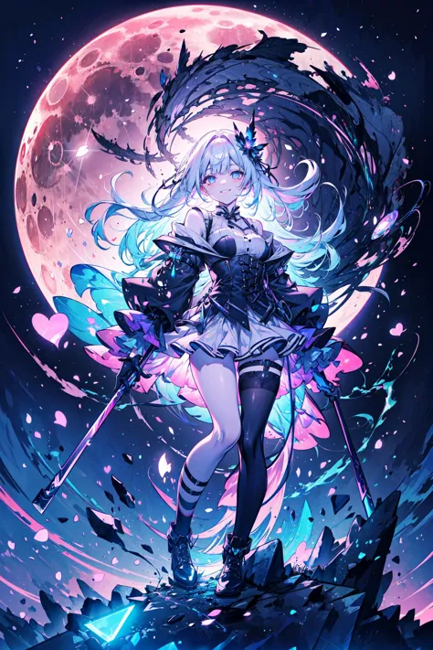 a woman in a black dress holding a sword and standing in front of a full moon