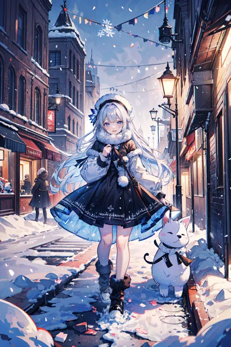 anime girl walking down a snowy street with a dog