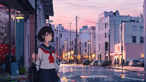 (((1girl, solo))), serafuku, school uniform, scenery, city, dusk <lora:XilmoStyle-000006:0.8>