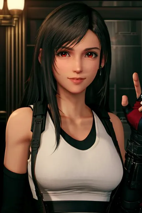 1boy,, masterpiece, highest quality, highest quality visuals, highest details,   <lora:tifa-v4:1> hand up, carelessly waving at viewer, tifa lockhart, 1girl, solo, long hair, lips, black hair, jewelry, earrings, realistic, bangs, looking at viewer, brown e...