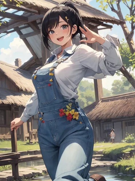 anime girl in overalls walking in front of a house