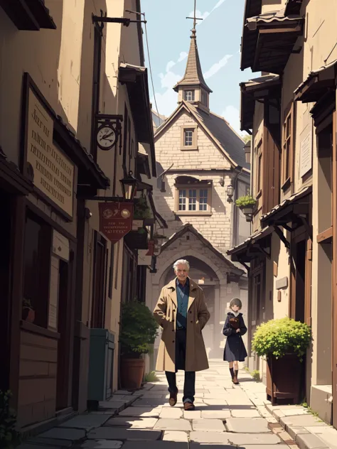 there is a man walking down a narrow street with a clock tower in the background