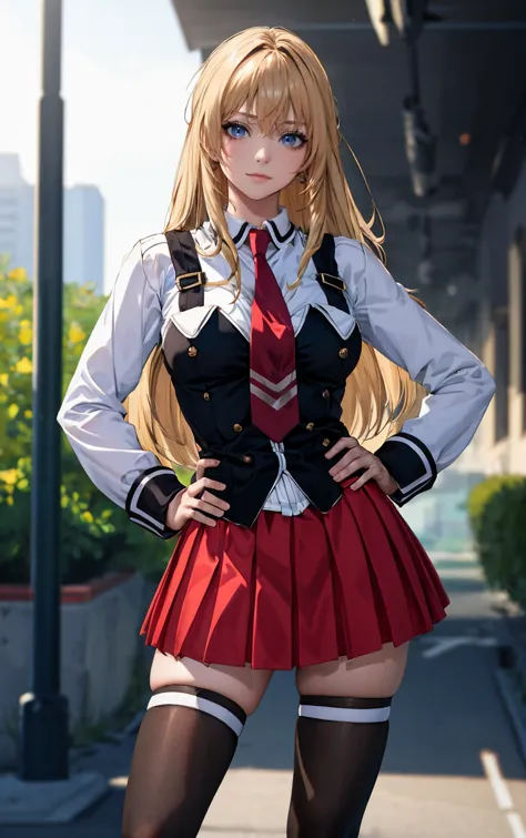 ((masterpiece, best quality)), insaneres, absurdres, solo, outdoors,
CLOTHING_BibleBlack_SchoolDress_ownwaifu, 
1girl, blonde hair,  long hair, blue eyes, 
black vest, red skirt, white shirt, collared shirt, suspenders, school uniform, black thighhighs, zettai ryouiki, necktie, long sleeves, pleated skirt, red necktie, 
(contrapposto, hand on hip)<lora:CLOTHING_BibleBlack_SchoolDress_ownwaifu:1>,
lens flare, depth of field, bokeh, embers, vanishing point, looking at viewer,