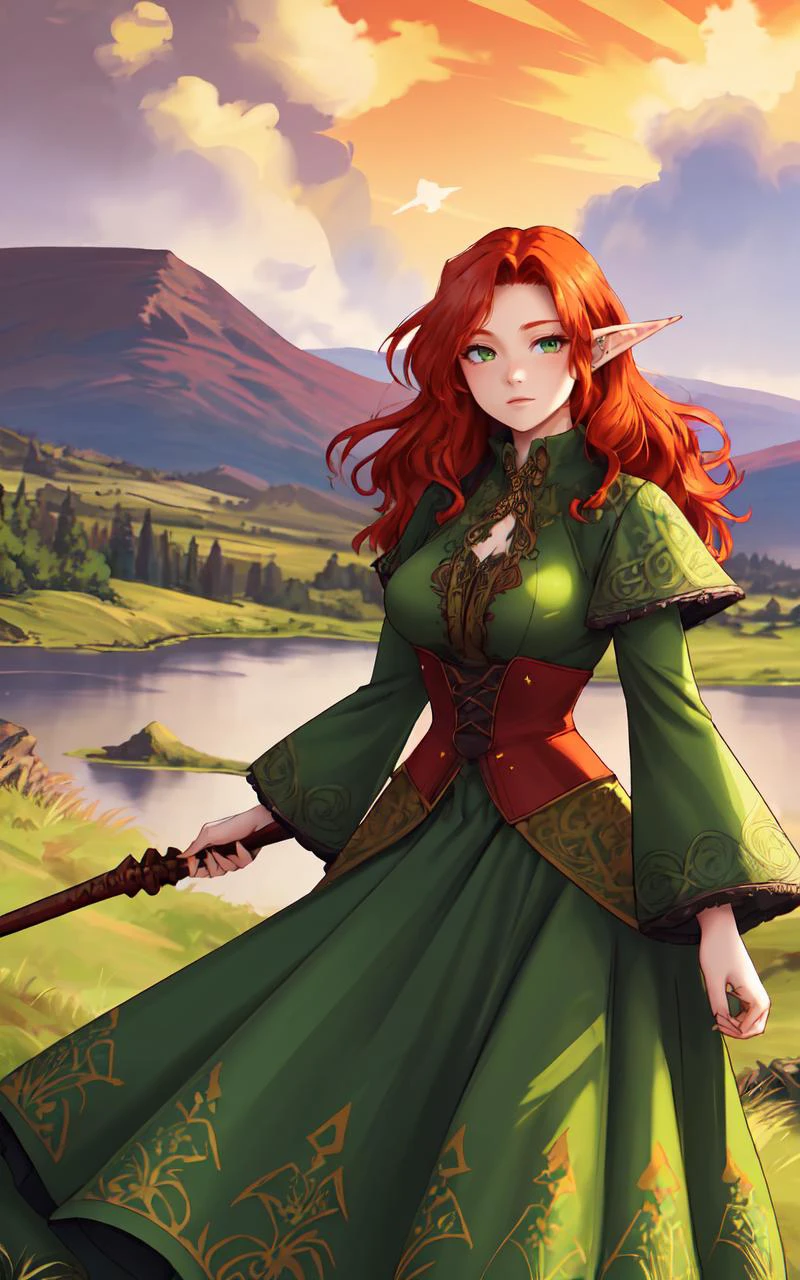 outdoor Scottish highlands,vivid sunset hues,fantasy setting. A striking redhead woman, (distinctly Scottish),wearing an elaborate elven-inspired gown. The gown is a fusion of deep emerald green and earthy browns,with intricate Celtic knotwork embroidery in gold thread.flowing sleeves,a fitted bodice,and a full,sweeping skirt that seems to blend with the rugged terrain. Her fiery red hair is styled in a cascade of loose curls. piercing green eyes reflect the wild beauty of the landscape. She stands atop a grassy knoll,overlooking a misty loch. In her hands,she holds an ancient,rune-carved staff,emanating a soft,otherworldly glow.