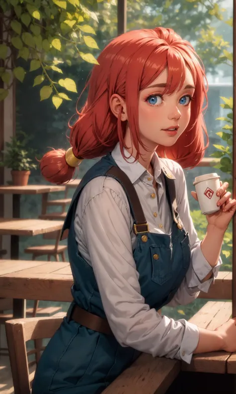 anime girl with red hair and blue eyes holding a cup of coffee