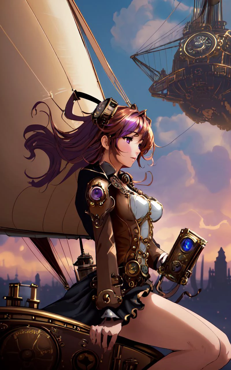 (solo_focus,cinematic photoshoot of perfect covered medium breasts gorgeous young woman riding Steampunk Airship:1.3),majestic steampunk airship adorned with intricate brass gears and glowing steam vents, navigating through a sky streaked with amber and violet hues, amidst floating islands and surreal cloud formations.