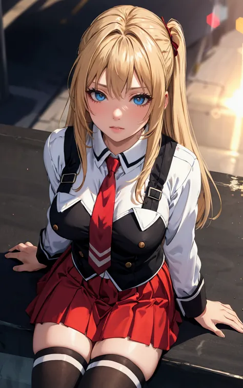 ((masterpiece, best quality)), insaneres, absurdres, solo, outdoors,
CLOTHING_BibleBlack_SchoolDress_ownwaifu, 
1girl, blonde ha...