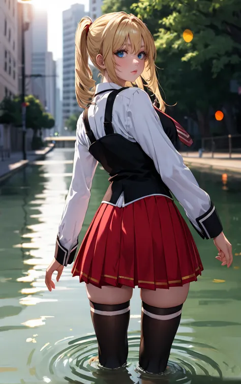 ((masterpiece, best quality)), insaneres, absurdres, solo, outdoors,
CLOTHING_BibleBlack_SchoolDress_ownwaifu, 
1girl, blonde hair,  long hair, blue eyes, 
black vest, red skirt, white shirt, collared shirt, suspenders, school uniform, black thighhighs, zettai ryouiki, necktie, long sleeves, pleated skirt, red necktie, 
(wading, looking back), water,<lora:CLOTHING_BibleBlack_SchoolDress_ownwaifu:0.75>,
lens flare, depth of field, bokeh, embers, vanishing point, looking at viewer,