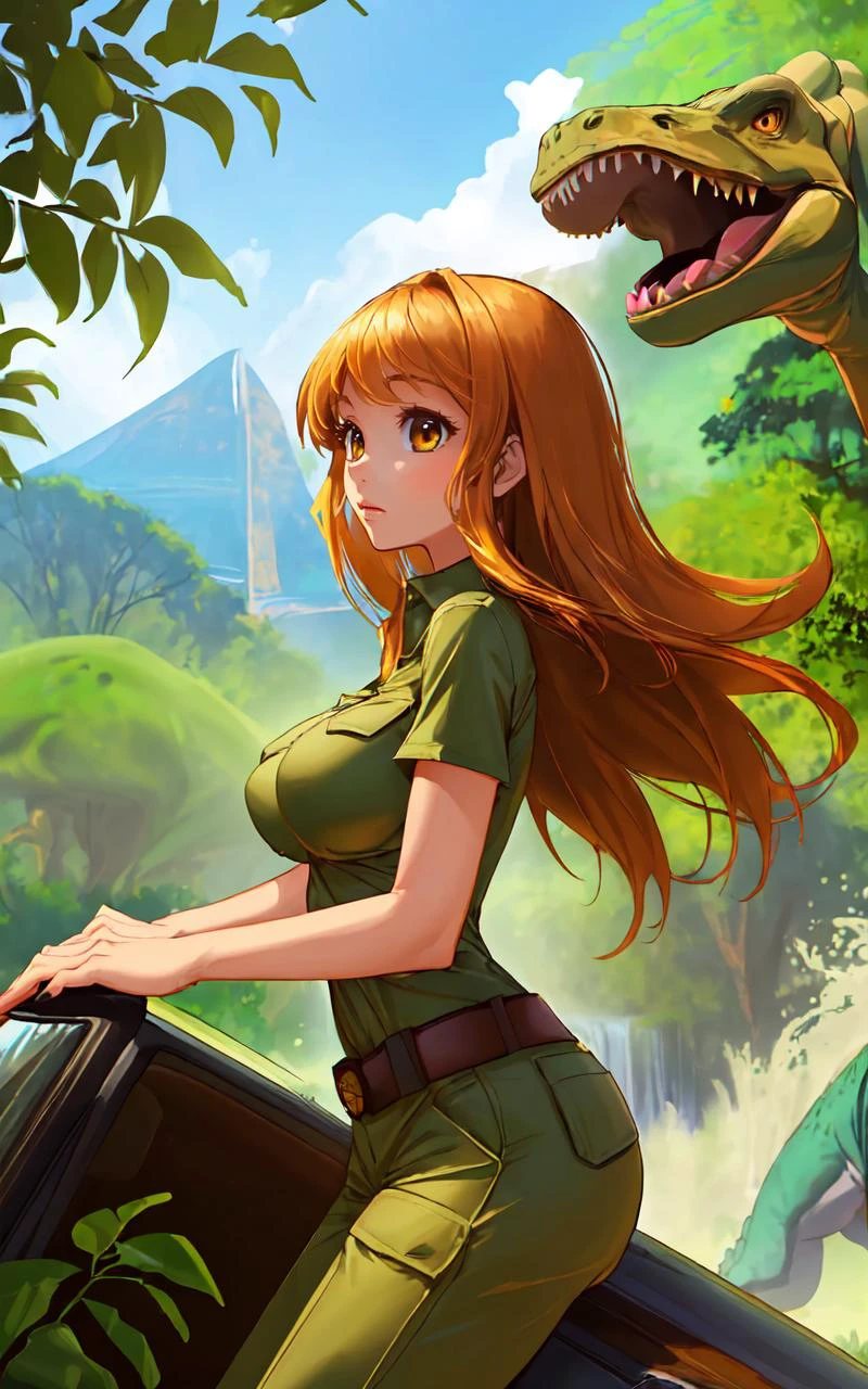 (1fille,seins moyens couverts parfaits magnifique jeune femme profitant d&#39;une aventure safari avec des dinosaures:1.3), safari passionnant à travers une nature luxuriante, Jungle préhistorique, observer de majestueux dinosaures dans leur habitat naturel, avec d&#39;imposantes cascades et d&#39;anciennes, Arbres imposants.