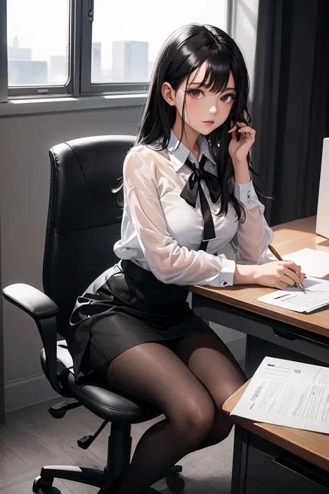 (masterpiece, best quality), a young black haired girl office secretary dressed in a transparent white blouse and black office skirt and black pantyhose ,sitting in an office chair, holding pencil, (detailed skin:1.3),(detailed eyes), (sharp focus),