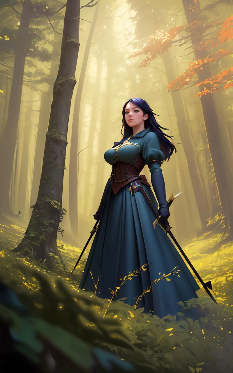 (clothed, masterpiece,wide angle, cinematic establishing shot,young adult european woman, highly detailed background:1.2), volumetric lighting, subsurface scattering, dynamic pose, (special effects, color grading, fantasy aura), (Sylvan Archer:1.4), (, Large Covered Breasts:0.81), Woodland path, quiver of arrows, leafy garb, animal guide