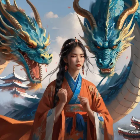 ein Gemälde im Guidao-Stil,Dahinter ist ein superriesiger Drache in Blau, heilige Majestät ausstrahlend. Davor steht ein Hanfu-Mädchen mit beiden Händen zu Fäusten geballt, surreal und lebensecht, 8k, mit einer filmischen Textur