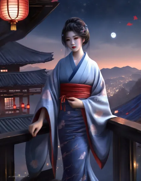 a painting in the style of guidao style, best quality, masterpiece , hdr, best quality, ultra highres,raw photo,A Japanese vampire princess, dressed in a traditional kimono, gazing at the starlit sky from a balcony. Her expression is mysterious and alluring, with a hint of otherworldly grace. The setting could be a castle or traditional Japanese architecture, with visible details of the balcony and the night sky filled with stars. The scene should be as realistic as a high-resolution photograph, with soft and ethereal lighting that highlights her features and the beauty of her attire, creating a mystical and enchanting atmosphere ,gmakig,