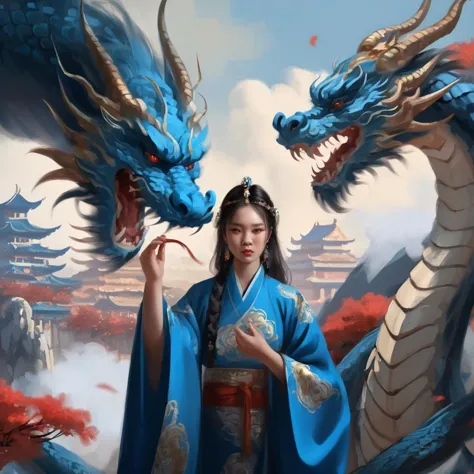 a painting in the style of guidao style,Behind it is a super giant dragon in blue, exuding sacred majesty. In front of it is a H...