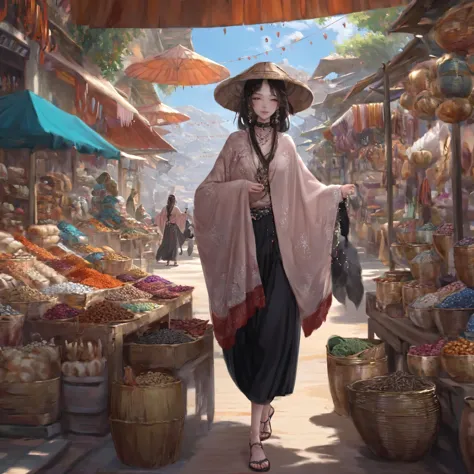 a painting in the style of guidao style Thriving merchants, ((exotic goods:1.5)), bustling (stalls:1.4), (handmade crafts), colorful (textiles:1.3), (spices and herbs), bartering customers, (local delicacies), sun-soaked marketplace.,
masterpiece, best quality, detailed, realistic, 8k UHD, high quality, lifelike, precise, vibrant, absurdres, SimplepositiveXLv1