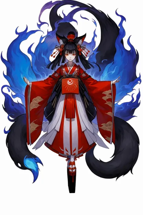 Concept art, Japanese two-dimensional style, game character design, tail, 1girl, solo, animal ears, multiple tails, fox tail, wh...