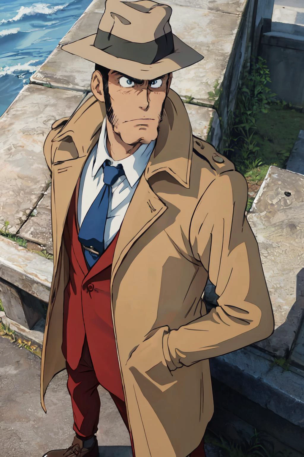 zenigata,trenchcoat,
(best quality, masterpiece, RAW photo,ultra-detailed:1.2), solo,looking at viewer, ungry, bust shot, from above,