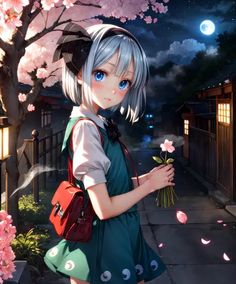 anime girl with blue eyes holding a flower in her hand