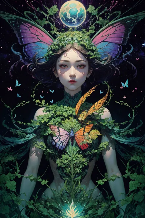 8k (full portrait), masterpiece, best quality, ultra high res, highly detailed, ukiyo-e, (mutated nature woman), evocative, surrealism art style, butterfly, ivy tendrils enveloping her figure, floating in a celestial void, cosmic energy radiating from her, enchanting metamorphosis, perfect lighting, perfect shading,  